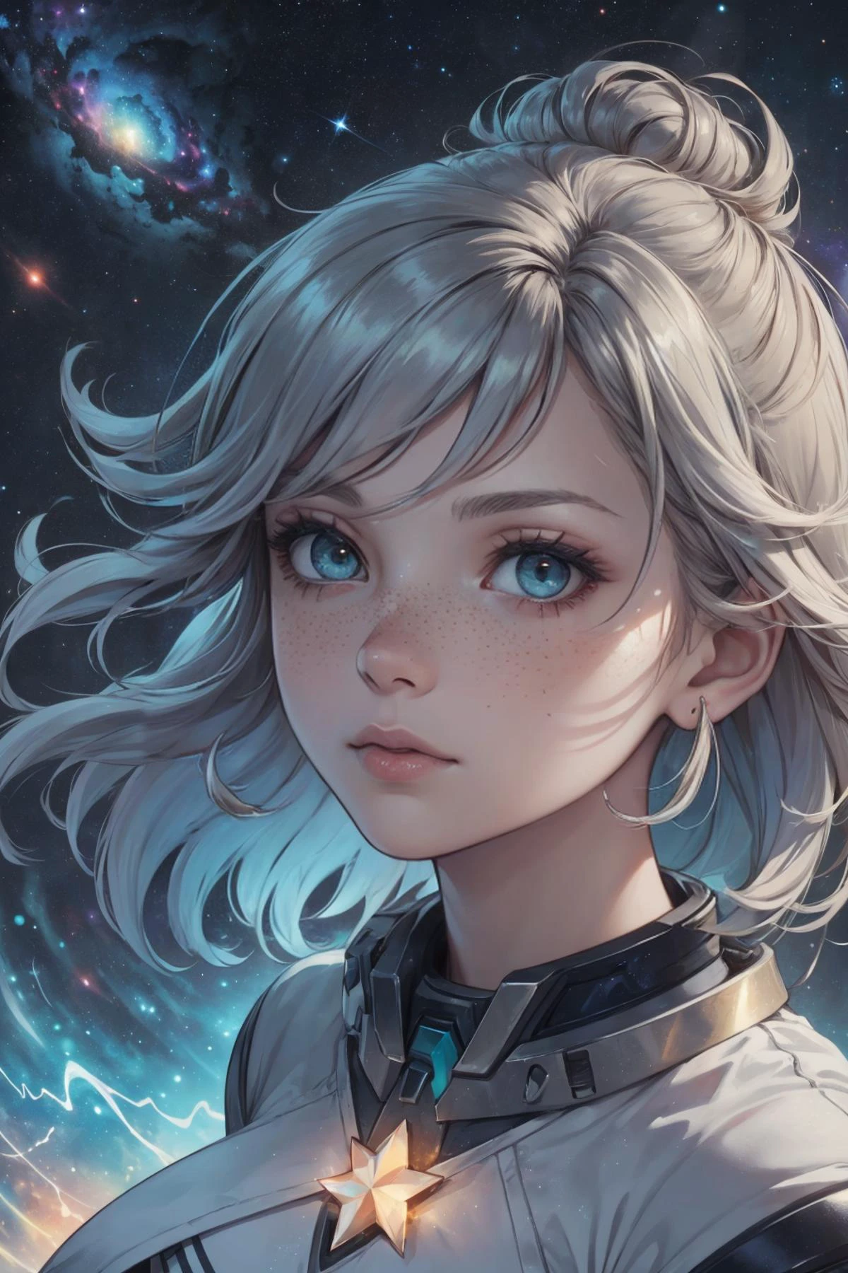(masterpiece, best quality:1.2), <lora:smol02:0.4>, <lora:tangbohu-line_1.0:0.6>,
1 girl, adult (elven:0.7) woman, freckles, teal eyes, ginger prom hairstyle,
<lora:GoodHands-beta2:0.8>
Style-GravityMagic, portrait, solo, half shot, looking away, detailed background, detailed face, ( theme:1.1) (glowing eyes:1.05), embodied star constellation, star sign, horoscope, calm composure, scorpio, patterns, interstellar energy, nebula, bright gray lights, aura, bloom, transcendence, floating particles, cosmic dust, cosmic space background, otherworldly ethereal atmosphere,