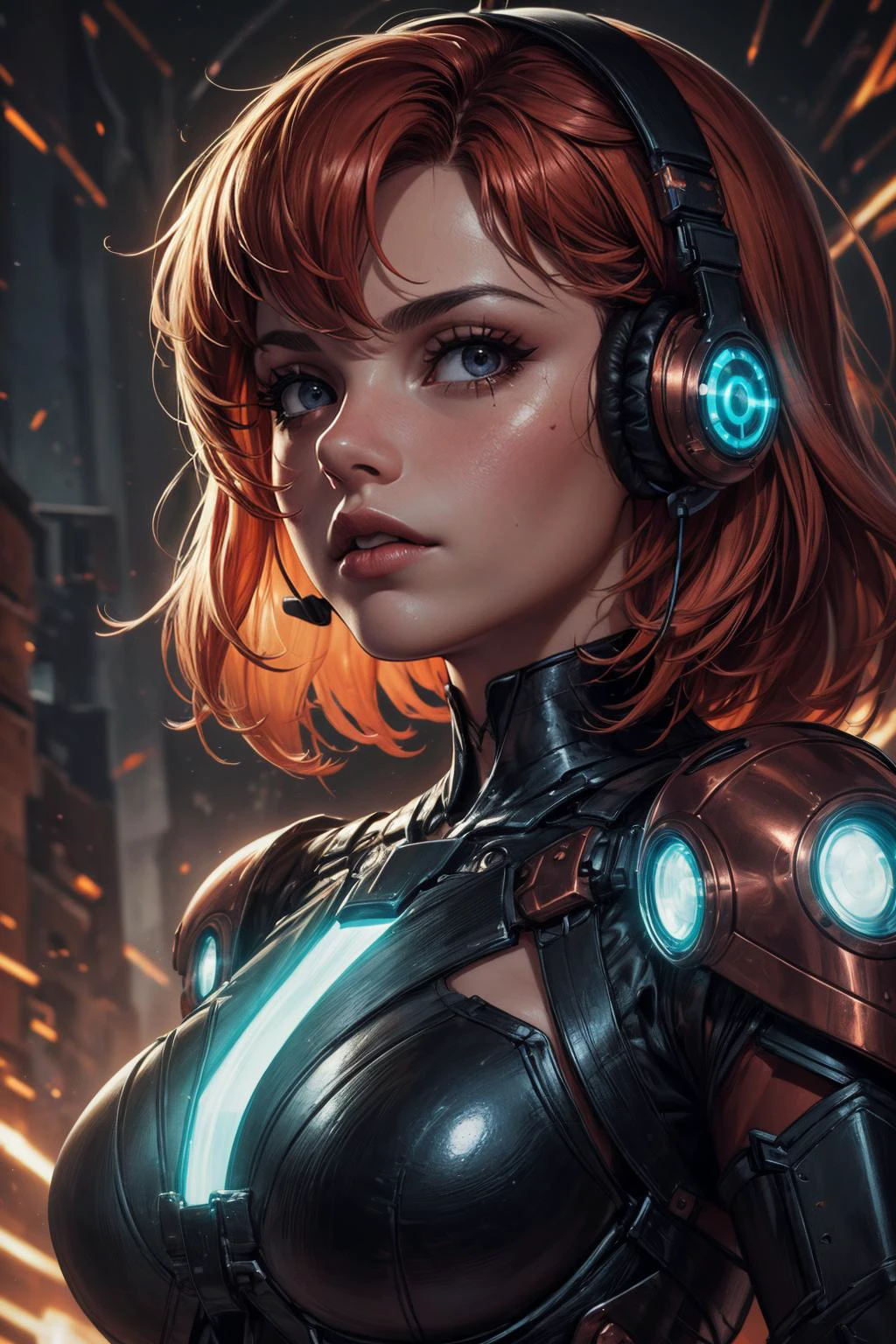(masterpiece, best quality, highres, high resolution:1.2), (outlines:1.1), extremely detailed, intricate details, (dark theme:1.2), art, stylized, deep shadow, <lora:tangbohu-detailer_1.0:0.7>, <lora:smol02:0.3>,
1 girl, adult (elven:0.7) woman, black eyes, white fringe hair,
<lora:GoodHands-beta2:0.8>,
Style-GravityMagic, cyborg portrait, looking at viewer, solo, half shot, detailed background, close up, detailed face, futuristic digital copper armor, polygonal pattern, cape, modules, bionics, cybernetics, headset, dynamic pose, epic galactic battlefield in background, flashes of light, neon lights, lasers, sparks, cinematic atmosphere,