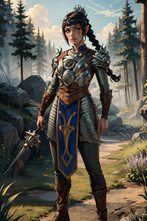 (masterpiece, best quality, ultra detailed, absurdres:1.5), 1girl, (sexy, beautiful woman, perfect face, perfect eyes, perfect female body:1.5), (shadowheart, pointy ears, braid, ponytail, hair ornament, bangs, armor, shoulder armor, breastplate, pauldrons, holding spiked mace, holding shield, <lora:shadowheartr2:0.8>), (full body, standing, outdoors, medieval, forest), perfect lighting, smooth, hdr