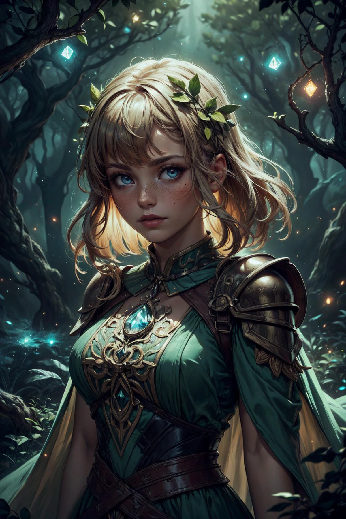 (masterpiece, best quality, highres, high resolution:1.2), (outlines:1.1), extremely detailed, intricate details, (dark theme:1.2), art, stylized, deep shadow, <lora:tangbohu-detailer_1.0:0.7>, <lora:smol02:0.3>,
1 girl, adult woman, freckles, light blue eyes, chestnut straight hair, ombre, bangs,
<lora:GoodHands-beta2:0.8>,
(style-rustmagic:0.8), portrait, solo, upper body, looking down, detailed background, detailed face, (<lora:CulturePunkBundle-000007:0.5>, fairytaleai, fairytale theme:1.1) green-fighter, nature themed armor, mixing of vines with metal, leaves glowing crystal talisman, cloak, creeping on armor, green magical lights, graceful, tree runes, magical markings on skin, growth runes on armor, magical plant growth,floating particles, tangled rocks in background, summer, fireflies, wind blowing, backlighting, magical atmosphere,