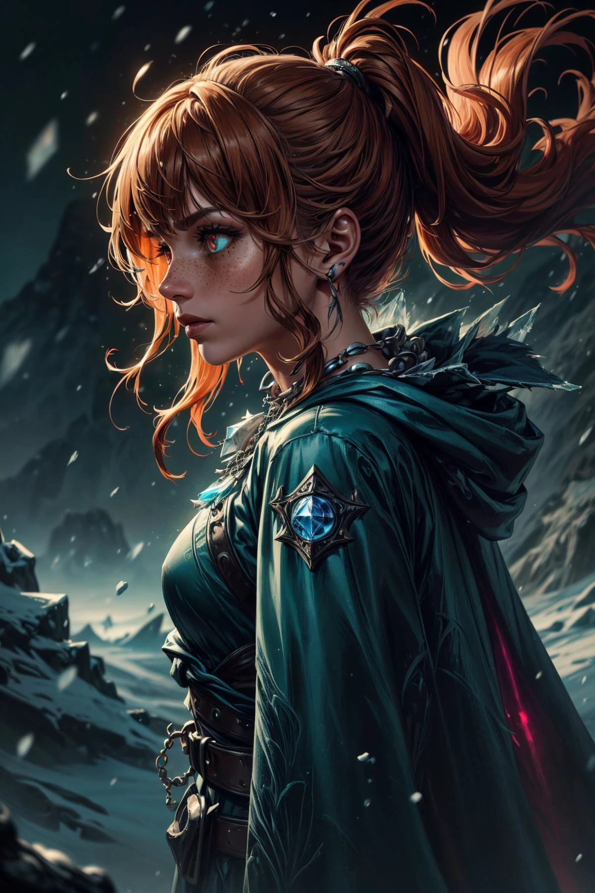 (masterpiece, best quality, highres, high resolution:1.2), (outlines:1.1), extremely detailed, intricate details, (abstract art:1.3), (dark theme:1.2), art, stylized, (cinematic lighting, bloom, volumetric), <lora:tangbohu-detailer_1.0:0.7>, <lora:smol02:0.3>,
1 girl, adult jewish woman, freckles, red eyes, chestnut hair flaps,
<lora:GoodHands-beta2:0.8>,
solo, from side, side view, half shot, detailed background, detailed face, (<lora:WorldofIce:0.6>, magical, fantasy, worldofice theme:1.1),light green winter warrior, (glowing eyes:1.05), stoic expression, reverence, cloak, enchanted icy necklace, frozen insignia surrounded by magical aura, snow crystals, cold, cold steel, windy background, crystal landscape in background howling wind, epic atmosphere,