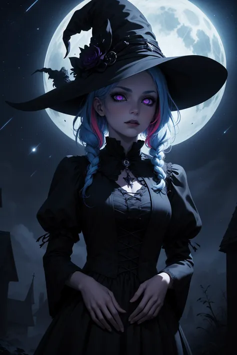 masterpiece, best quality, detailed, photo of a witch, night sky, stars, arms at sides, levitating, witch hat, gothic two toned dress, detailed eyes, purple eyes, multicolored hair, long light blue hair,