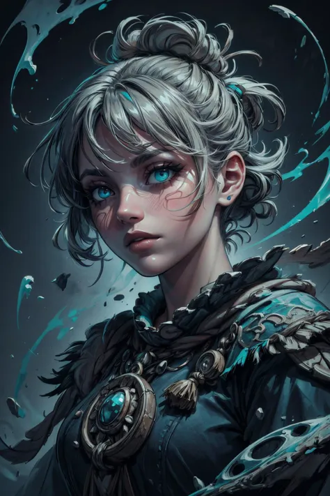 (masterpiece, best quality, highres, high resolution:1.2), (outlines:1.1), extremely detailed, intricate details, (abstract art:1.3), (dark theme:1.2), deep shadow, (cinematic lighting, bloom, volumetric), <lora:tangbohu-detailer_1.0:0.7>, <lora:smol02:0.3>,
1 girl, adult italian woman, turquoise eyes, gray messy hair, ombre,
<lora:GoodHands-beta2:0.8>,
(style-swirlmagic:0.8), portrait, solo, from front, front view, half shot, detailed background, detailed face, (<lora:StonepunkAI:0.8>, stonepunkAI, stone theme:1.1), stoic expression, tribal geomancer shaman, mystical, white feathered raiments, talisman, surrounded by blue magic swirls, in background, ancient traditions, whirlwind, ethereal atmosphere,