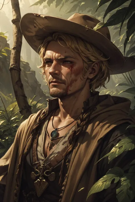 (masterpiece, best quality:1.2), <lora:smol02:0.4>, <lora:tangbohu-line_1.0:0.6>,
(1man, wrinkled face, old german male:1.2), wise, brown eyes, blonde hair, shaggy hair,
<lora:GoodHands-beta2:0.8>
portrait, solo, upper body, looking away, detailed background, detailed face, (frontier western theme:1.1), aggressive jungle warrior, gritted teeth, fighting stance, dark red frayed tribal clothing, blood, , smeared mud, bone necklace, hide cloak, leaves, colorful plants, mysterious river in background, insects in background, unexplored terrain, torchlight, mysterious , cinematic atmosphere,