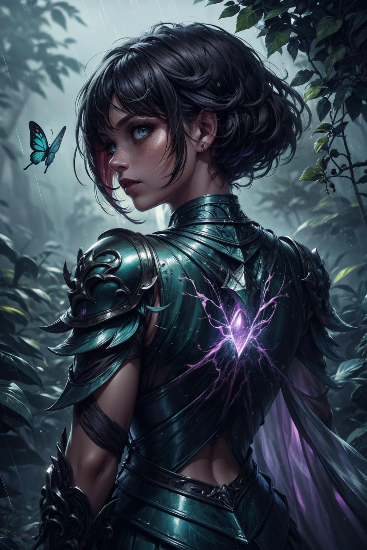 (masterpiece, best quality, highres, high resolution:1.2), (outlines:1.1), extremely detailed, intricate details, (abstract art:1.3), (dark theme:1.2), art, stylized, (cinematic lighting, bloom, volumetric), <lora:tangbohu-detailer_1.0:0.7>, <lora:smol02:0.3>,
1 girl, adult (elven:0.7) woman, freckles, jade eyes, dark brown quiff hair,
<lora:GoodHands-beta2:0.8>,
(style-swirlmagic:0.8), portrait, solo, from back, back view, upper body, looking at viewer, detailed background, detailed face, (<lora:PsionicMagic:0.4> mana flow, shimmers, psychic energy, psionicmagic theme:1.1) glowing eyes, green-defender, organic armor, infusion of ivy with metal, vines cape, fused with armor, walking, vigilant, nature runes, glowing natural markings on skin, overgrown jungleparticle effects, abandoned forest hut left to nature in background, butterflies, gentle rain, shadowy backdrop, ethereal atmosphere,