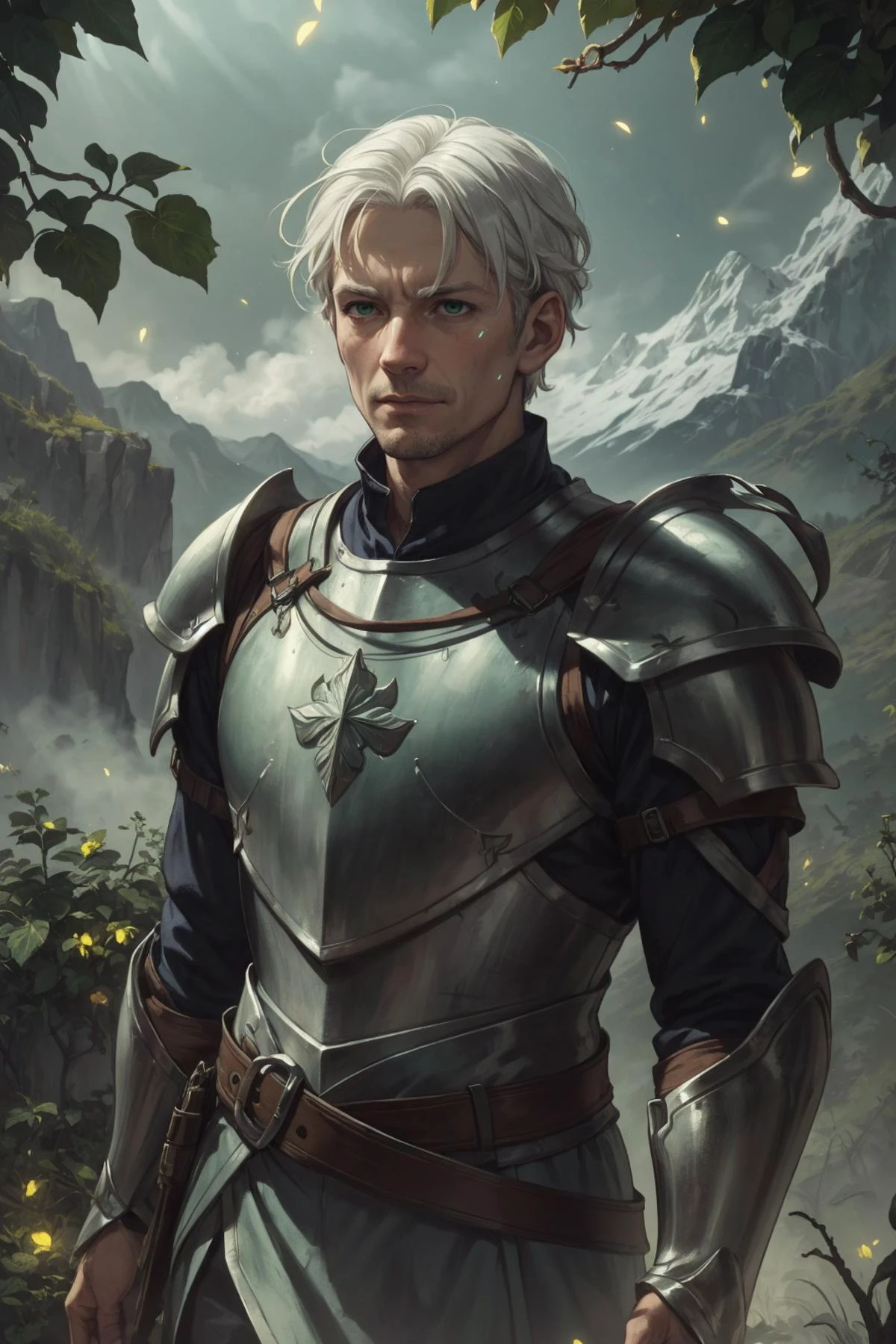 (masterpiece, best quality:1.2), <lora:smol02:0.4>, <lora:tangbohu-line_1.0:0.6>,
(1man, wrinkled face, old british male:1.2), frail, green eyes, white hair, fade,
<lora:GoodHands-beta2:0.8>
Style-GravityMagic, solo, half shot, looking down, detailed background, detailed face, (high fantasy medieval theme:1.1) flower-champion, plant-based armor, blending of ivy with metal, root crown, walking, serene, green symbols, green magical marks etched in armor, enigmatic aura, magical plant growth, overgrown mountains in background, fireflies, mist, backlighting, eerie atmosphere,