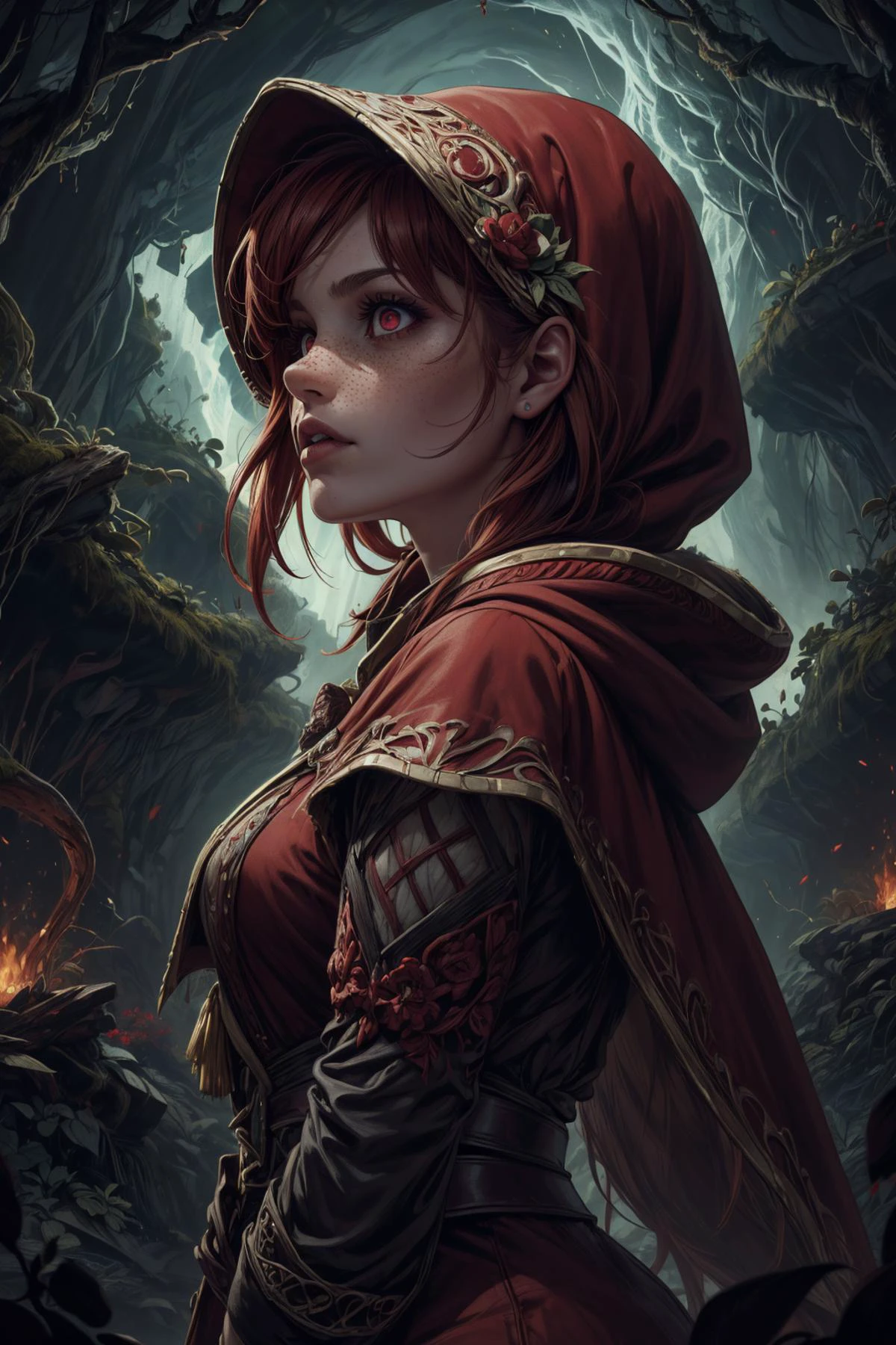 (masterpiece, best quality, highres, high resolution:1.2), (outlines:1.1), extremely detailed, intricate details, (dark theme:1.2), art, stylized, <lora:tangbohu-detailer_1.0:0.7>, <lora:smol02:0.3>,
1 girl, adult (elven:0.7) woman, freckles, yellow eyes, brown fringe hair, ombre,
<lora:GoodHands-beta2:0.8>,
Style-GravityMagic, portrait, looking away, solo, (full body:0.6), detailed background, detailed face, (<lora:BiophyllTech:0.6>, fully-organic, BiophyllTech theme:1.1), blood red eyes, red hair, evil hemomancer, scarlet robes, cape, hood, dynamic pose, intense gaze, scarlet magical symbols swirling in the air, red color scheme, blood sacrifice, stream of blood, (thorny flowers:0.7), in background, darkness, symmetrical composition, epic atmosphere,