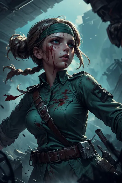 (masterpiece, best quality, highres, high resolution:1.2), (outlines:1.1), extremely detailed, intricate details, (abstract art:1.3), (dark theme:1.2), deep shadow, (cinematic lighting, bloom, volumetric), <lora:tangbohu-detailer_1.0:0.7>, <lora:smol02:0.3>,
1 girl, adult woman, turquoise eyes, light brown braided hairstyle, ombre, bangs,
<lora:GoodHands-beta2:0.8>,
solo, from front, front view, upper body, looking up, detailed background, detailed face, (<lora:ChromeTech:0.6>, chrome, chrometech theme:1.1), battlefield-medic, intense expression, black tattered military medic uniform, headband, gloves, straps, green cross, military insignia, blood soaked bandages, medical aid, dirt smudges, blood stains, dynamic movement, war torn muddy battlefield trench, barbed wire in background, under fire, intense action, dim sunlight, urgency, cinematic atmosphere,
