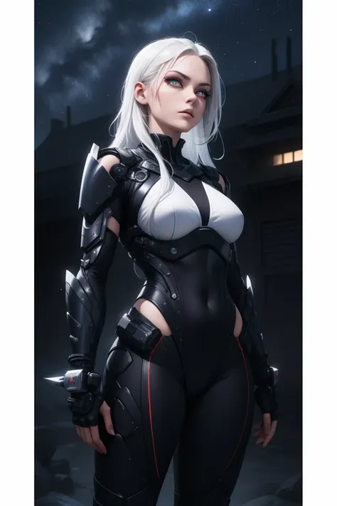 masterpiece, best quality, detailed, photo of a futuristic ninja , futuristic tech dress, stealth, night sky,  stars, detailed eyes, long white hair,