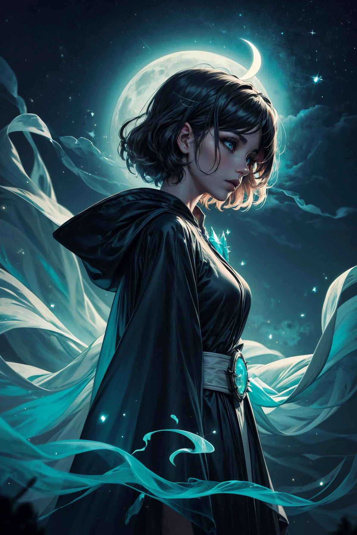 (masterpiece, best quality, highres, high resolution:1.2), (outlines:1.1), extremely detailed, intricate details, (dark theme:1.2), (cinematic lighting, bloom, volumetric), <lora:tangbohu-detailer_1.0:0.7>, <lora:smol02:0.3>,
1 girl, adult (elven:0.7) woman, turquoise eyes, medium brown sleek hair, ombre,
<lora:GoodHands-beta2:0.8>,
(style-swirlmagic:0.8), solo, from side, side view, half shot, looking away, detailed background, detailed face, (<lora:smoke_model:0.4>, smokestyle theme:1.1), glowing eyes, moon-priest, mystical aura, dynamic pose, white streaks in hair, black moon priest robes, cape, glowing moon brooch, crescent moon tattoos, mystical celestial runes, floating magical particles, moonstones, moonlit sky, aurora borealis in background, mystical dark atmosphere,