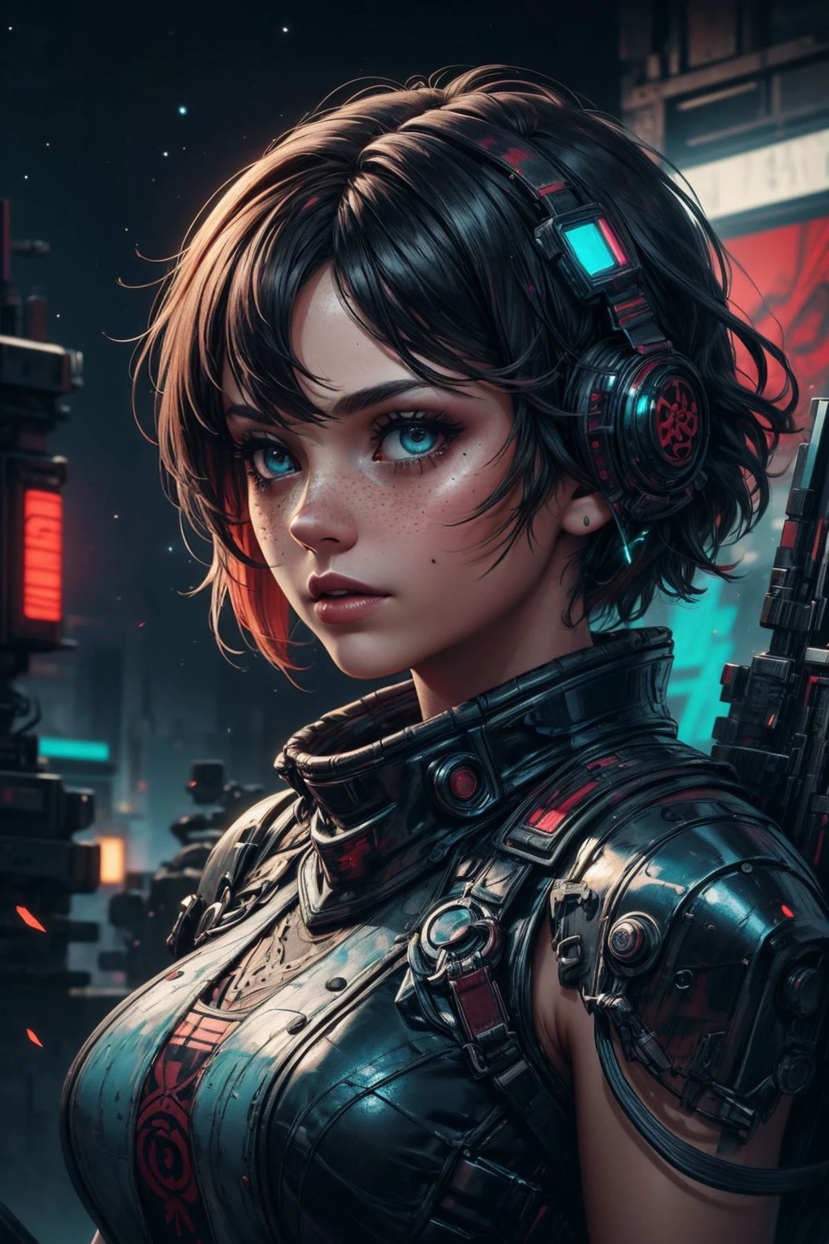 (masterpiece, best quality, highres, high resolution:1.2), (outlines:1.1), extremely detailed, intricate details, (abstract art:1.3), (dark theme:1.2), deep shadow, (cinematic lighting, bloom, volumetric), <lora:tangbohu-detailer_1.0:0.7>, <lora:smol02:0.3>,
1 girl, adult (elven:0.7) woman, freckles, turquoise eyes, auburn razor cut hair,
<lora:GoodHands-beta2:0.8>,
Style-GravityMagic, portrait, (bloody scars:0.7), looking away, solo, from front, front view, upper body, detailed background, close up, detailed face, (<lora:ShinobiTech:0.6>, cyberpunk, neon lights, shinobitech theme:1.1), futuristic steel armor, thick armor, crystalline pattern, high-tech, batteries, advanced technology, (small high-tech goggles:0.8), head-up display, dynamic pose, epic galactic starry outer space in background, yellow lights, electricity, screens, cinematic atmosphere,