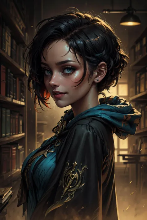 (masterpiece, best quality, highres, high resolution:1.2), (outlines:1.1), extremely detailed, intricate details, (dark theme:1.2), art, stylized, (cinematic lighting, bloom, volumetric), <lora:tangbohu-detailer_1.0:0.7>, <lora:smol02:0.3>,
1 girl, adult french woman, coral eyes, chestnut razor cut hair,
<lora:GoodHands-beta2:0.8>,
(style-swirlmagic:0.8), portrait, looking at viewer, solo, from side, side view, half shot, detailed background, detailed face, (<lora:ToxicPunkAI:0.6>, ToxicPunkAI theme:1.1), hogwarts teacher, smiling, playful, (ravenclaw :1.1), black robe, cloak, dynamic pose, casting spell, library in background, cinematic atmosphere, backlighting, dawn,
