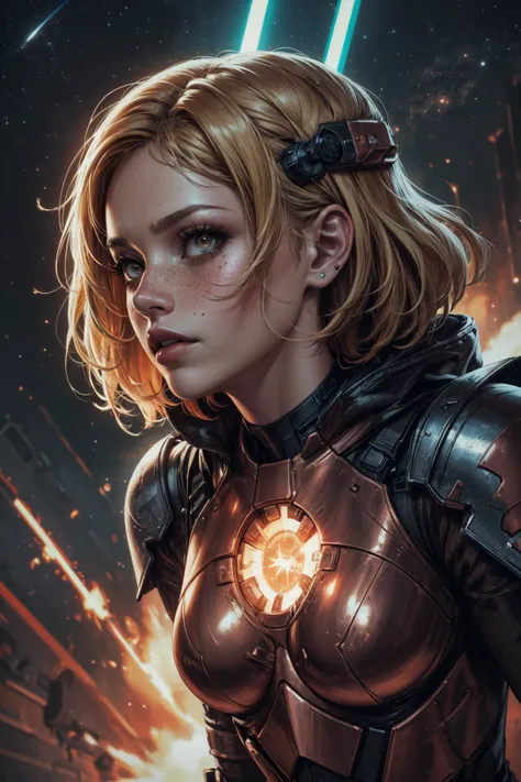 (masterpiece, best quality, highres, high resolution:1.2), (outlines:1.1), extremely detailed, intricate details, (abstract art:1.3), (dark theme:1.2), art, stylized, <lora:tangbohu-detailer_1.0:0.7>, <lora:smol02:0.3>,
1 girl, adult (elven:0.7) woman, freckles, dark brown eyes, blonde blowout hair,
<lora:GoodHands-beta2:0.8>,
Style-GravityMagic, cyborg portrait, (bloody scars:0.7), looking away, solo, (full body:0.6), detailed background, close up, detailed face, (starwars theme:1.1), futuristic copper armor, crystalline pattern, cape, high-tech, modules, bionics, cybernetics, head-up display, dynamic pose, epic galactic starry outer space in background, white lights, neon lights, explosions, cinematic atmosphere,