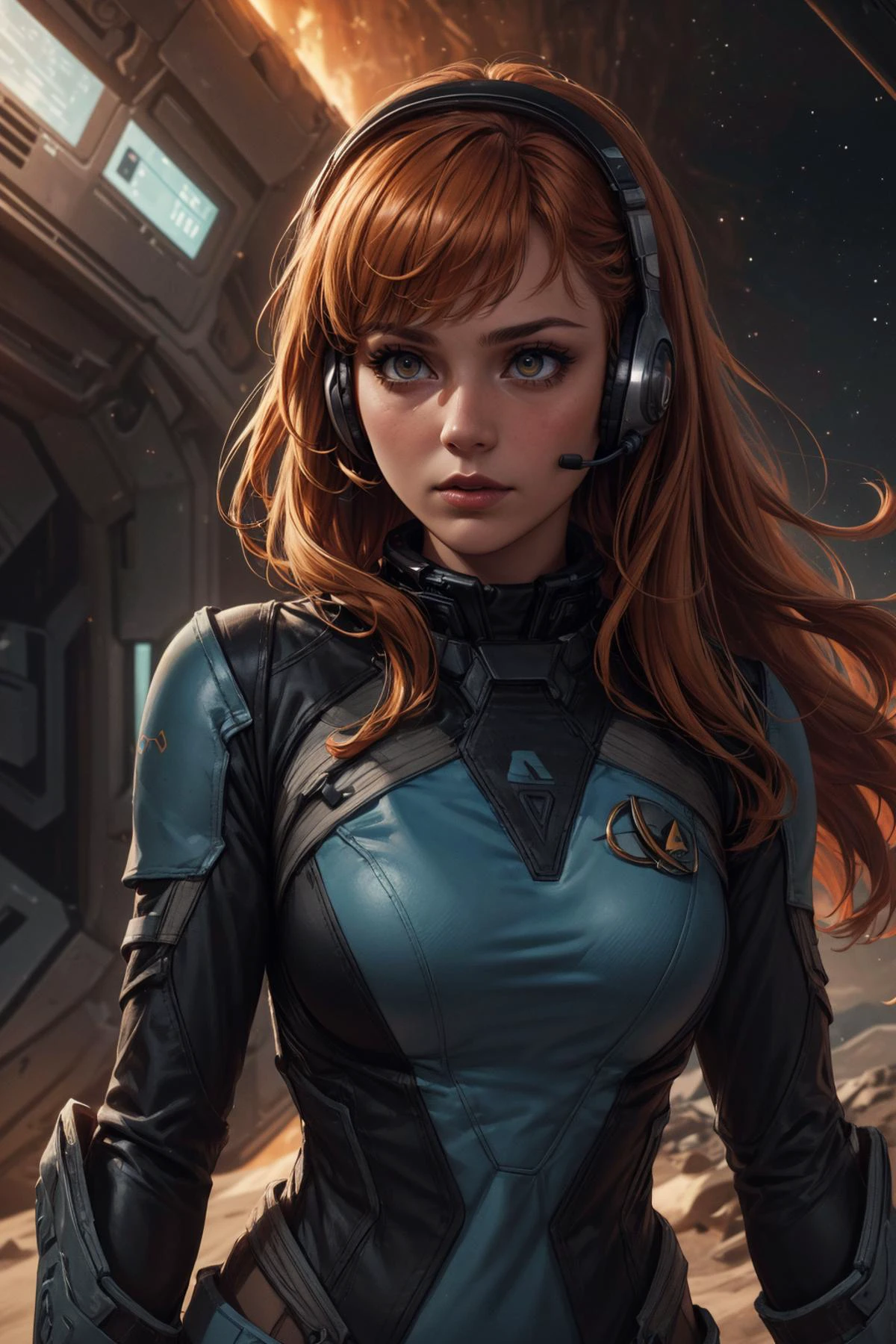 (masterpiece, best quality, highres, high resolution:1.2), (outlines:1.1), extremely detailed, intricate details, (abstract art:1.3), (dark theme:1.2), deep shadow, (cinematic lighting, bloom, volumetric), <lora:tangbohu-detailer_1.0:0.7>, <lora:smol02:0.3>,
1 girl, adult polish woman, amber eyes, ginger beach waves hair,
<lora:GoodHands-beta2:0.8>,
Style-GravityMagic, solo, half shot, looking away, detailed background, detailed face, (startrek theme:1.1), cosmic traveler, wearing scifi orange space armor, headset, techwear, serene calmness, anti-gravity, hair drifting, space exploration, holo-projection, cosmic phenomena in background, dramatic lighting, epic scifi atmosphere,