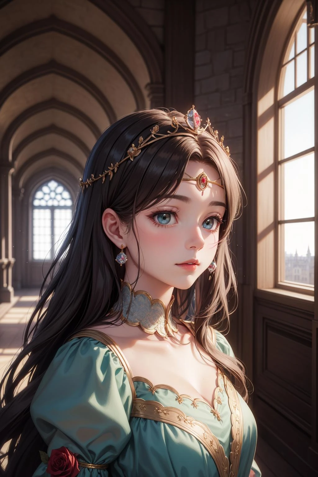 (masterpiece, best quality), 8k, face shot photo of a princess, castle, interior, circlet, windows, roses