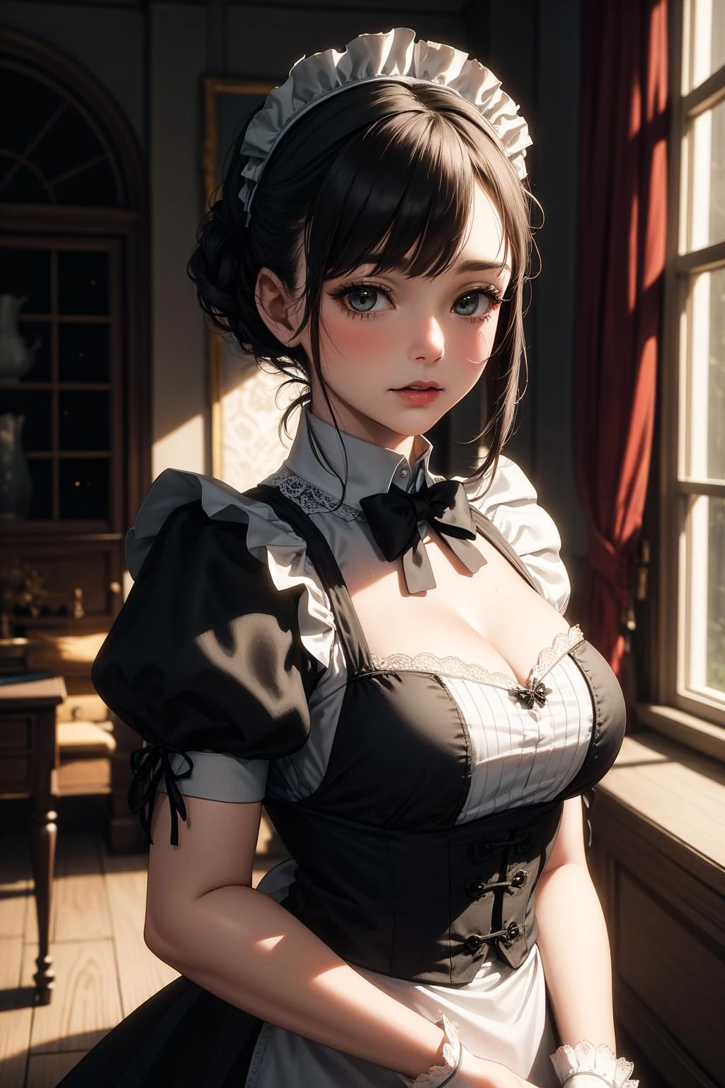 (masterpiece, best quality), photo of a woman, victorian maid, dark tone, mansion, window, starry night