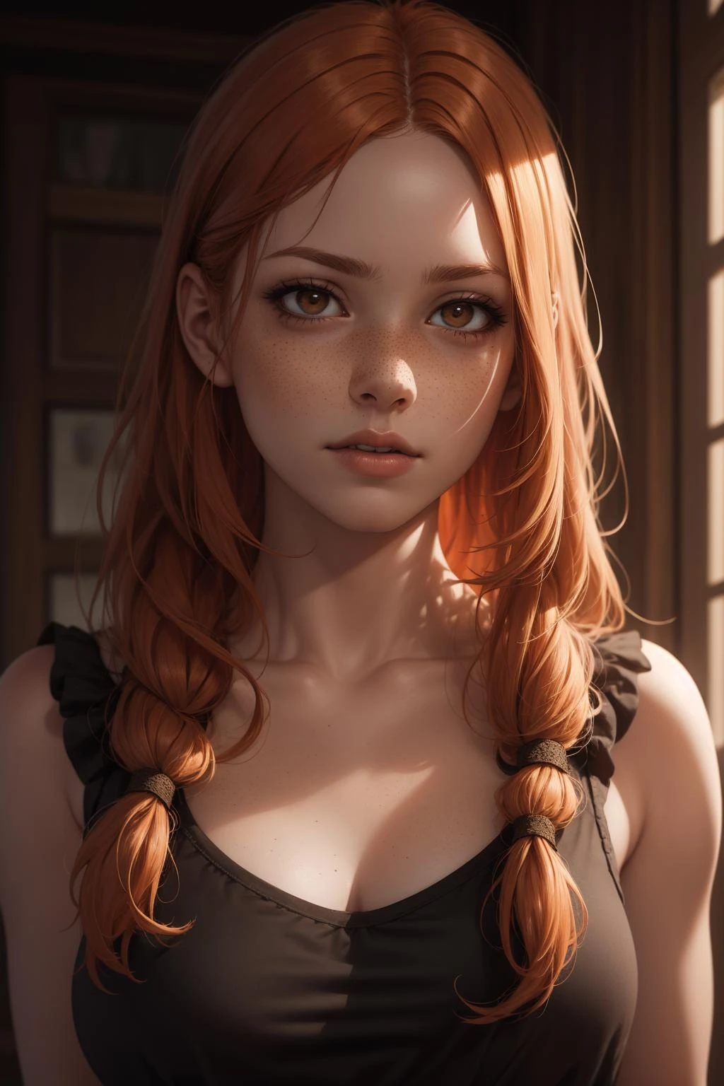 masterpiece, best quality, realistic photo of a woman, long hair, ginger freckles