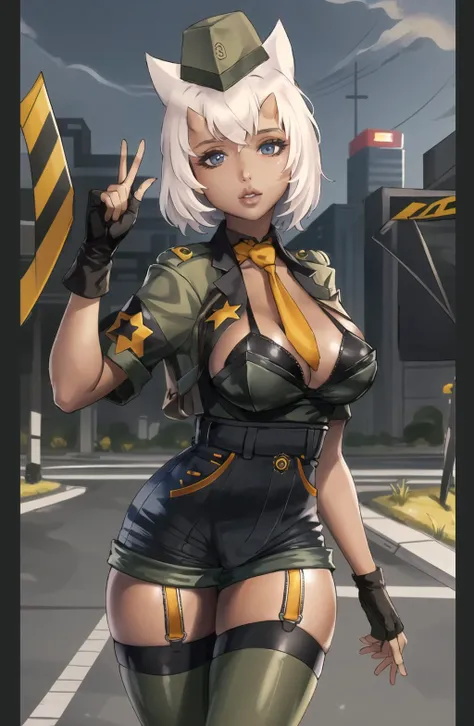 masterpiece, best quality, extremely detailed, detailed face, detailed eyes, clear eyes
monadc, 1girl, solo, looking at viewer, short hair,  thighhighs, cleavage, open clothes, necktie,  fingerless gloves, uniform, garter straps,  black shorts, garrison cap, platform footwear   <lora:monadc-09:0.8>