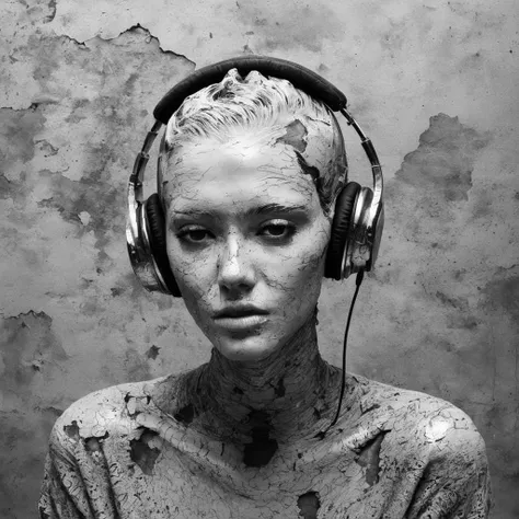 old plaster, (art by Joana Vasconcelos:1.2) ,art by Valentine Penrose, Photograph, zoomed out of a Stressed Female, wearing Inventive Islamic Concrete Zip-up sweater, fashion modeling pose, Wretched Lob hairstyle, Shiny Headphones, Reiwa Era Freckles, Sketched, Shameless, Lunarpunk, flat lighting,  <lora:SDXL_plaster_Test_Sa_May:1>