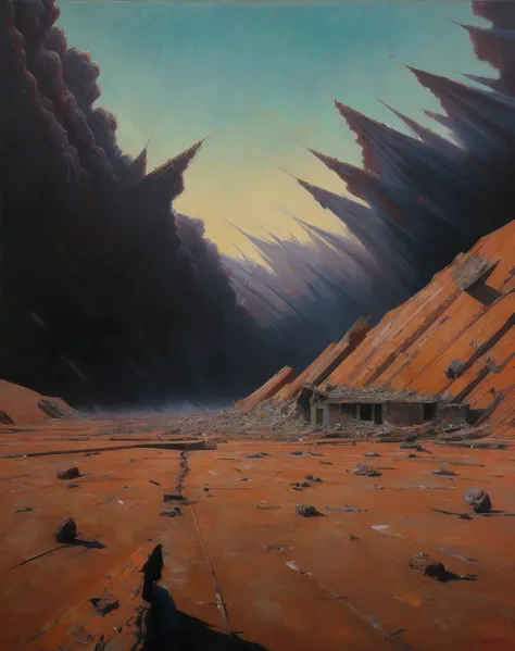 a painting of a ravaged no man's land, desolate, abandoned, World War 1, Battle of Verdun, Ypres, Frostbite,Shrapnel,Craters, (Beksinski:1.2), Sinister, dry brush, surrealism, ultra detailed, intricate, John Blanche, Escher, Yerka, Giger, Dali, livid, apocalyptic, brown, grey, grim <hypernet:LuisapOilPainting_v1:0.4>, oil on canvas, high resolution