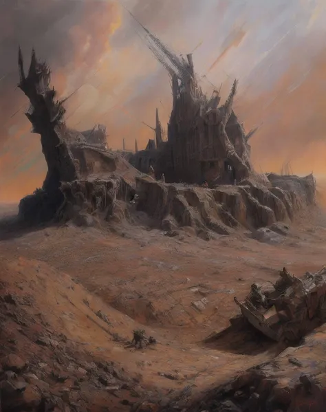 world war 1, a ravaged battlefield full of craters, Battle of Verdun, Ypres, Trenches,Stalemate, (Beksinski:1.2), Warped,Unearthly,Discordant, dry brush, surrealism, ultra detailed, intricate, John Blanche, Escher, Yerka, Giger, Dali, livid, apocalyptic, brown, grey, grim <hypernet:LuisapOilPainting_v1:0.4>, oil on canvas, high resolution
