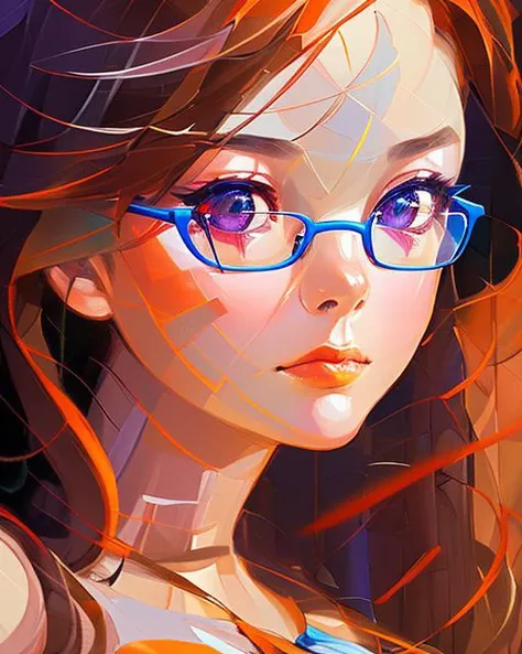 art by Mandy Jurgens and (Alex Grey:1) and (Brandon Woelfel:1) and (Leonid Afremov:1) and Josephine Wall, dreamlikeart, masterpiece, portrait, stunningly beautiful 1girl, (cute:1.1), beautiful feminine face, medium breasts, cleavage, round glasses, thick sweater, nerdy, wavy brown hair, autumn, horny, blushing