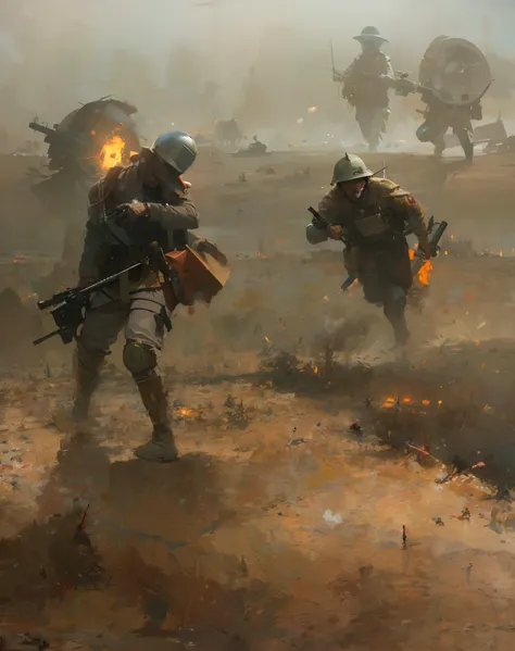 world war 1, a group of soldiers running up a hill and (getting shot:1.1),Battle of Verdun, Ypres, Barrages,Mud, (Beksinski:1.2), Menacing,Haunting, dry brush, surrealism, ultra detailed, intricate, John Blanche, Escher, Yerka, Giger, Dali, livid, apocalyptic, brown, grey, grim <hypernet:LuisapOilPainting_v1:0.25>, oil on canvas, high resolution