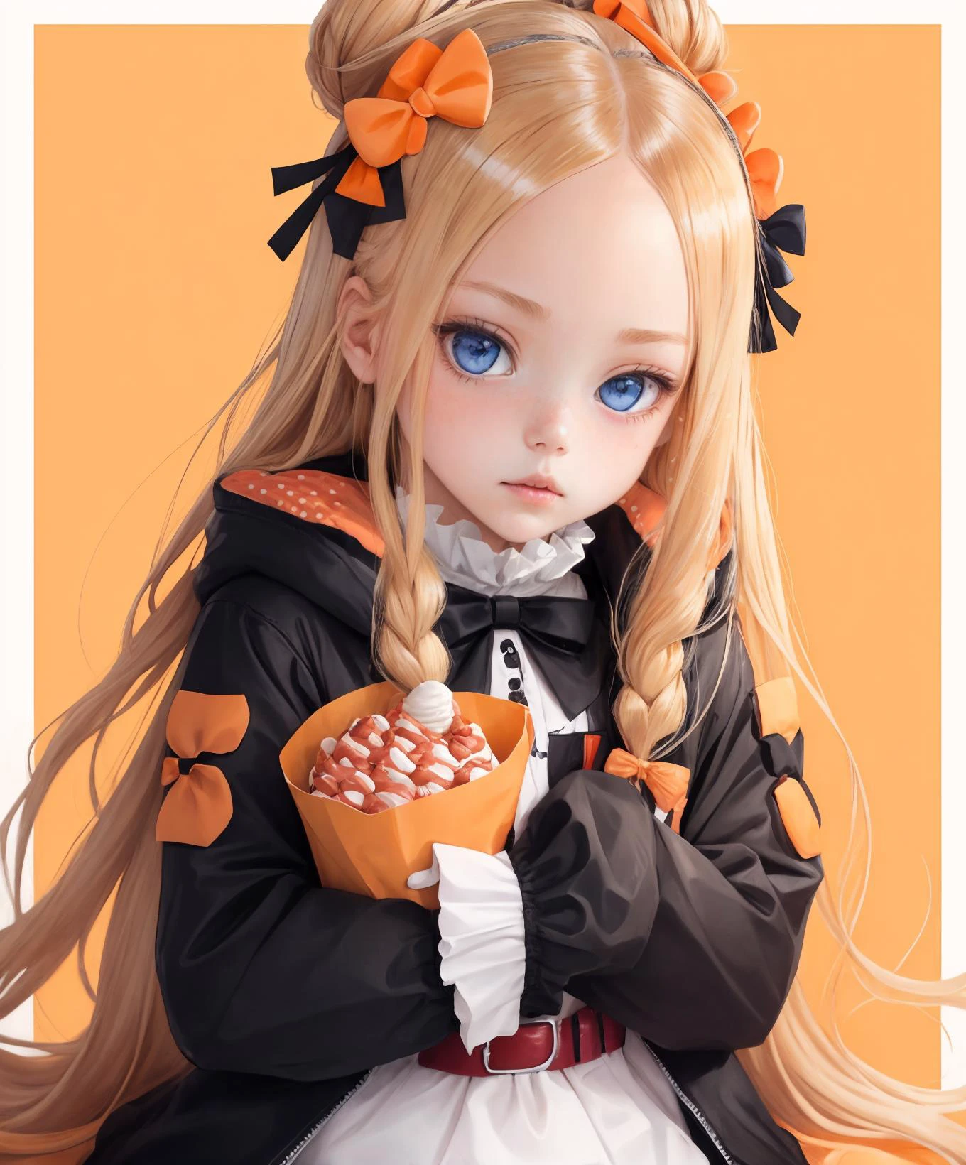 blonde hair, belt, border, multiple hair bows, crossed bandaids, orange background, long sleeves, sundae, blue eyes, white border, abigail williams \(fate\), hugging object, orange bow, food, polka dot bow, orange belt, single hair bun, bow, polka dot, cup, stuffed animal, blush, closed mouth, bandaid on forehead, jacket, stuffed toy, gradient background, looking at viewer, black jacket, parted bangs, strawberry, bandaid on face, solo, long hair, hair bow, forehead, bandaid, ice cream, eating, spoon, holding stuffed toy, hair bun, teddy bear, high collar, fruit, black bow, holding, 1girl, sleeves past wrists <lora:abigailwilliams-lora-nochekaiser:0.8> abigail williams