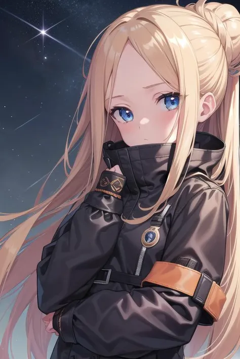 abigailwilliams, <lora:abigailwilliams-lora-nochekaiser:1>,
abigail williams, blonde hair, blue eyes, forehead, long hair, parted bangs,
BREAK bandaid, bandaid on face, bandaid on forehead, belt, black bow, black jacket, crossed bandaids, hair bow, hair bun, high collar, jacket, long sleeves, multiple bows, official alternate costume, orange belt, orange bow, polka dot, polka dot bow, single hair bun, sleeves past fingers, sleeves past wrists,
BREAK looking at viewer, full body,
BREAK outdoors, space, stars,
BREAK <lyco:GoodHands-beta2:1>, (masterpiece:1.2), best quality, high resolution, unity 8k wallpaper, (illustration:0.8), (beautiful detailed eyes:1.6), extremely detailed face, perfect lighting, extremely detailed CG, (perfect hands, perfect anatomy),