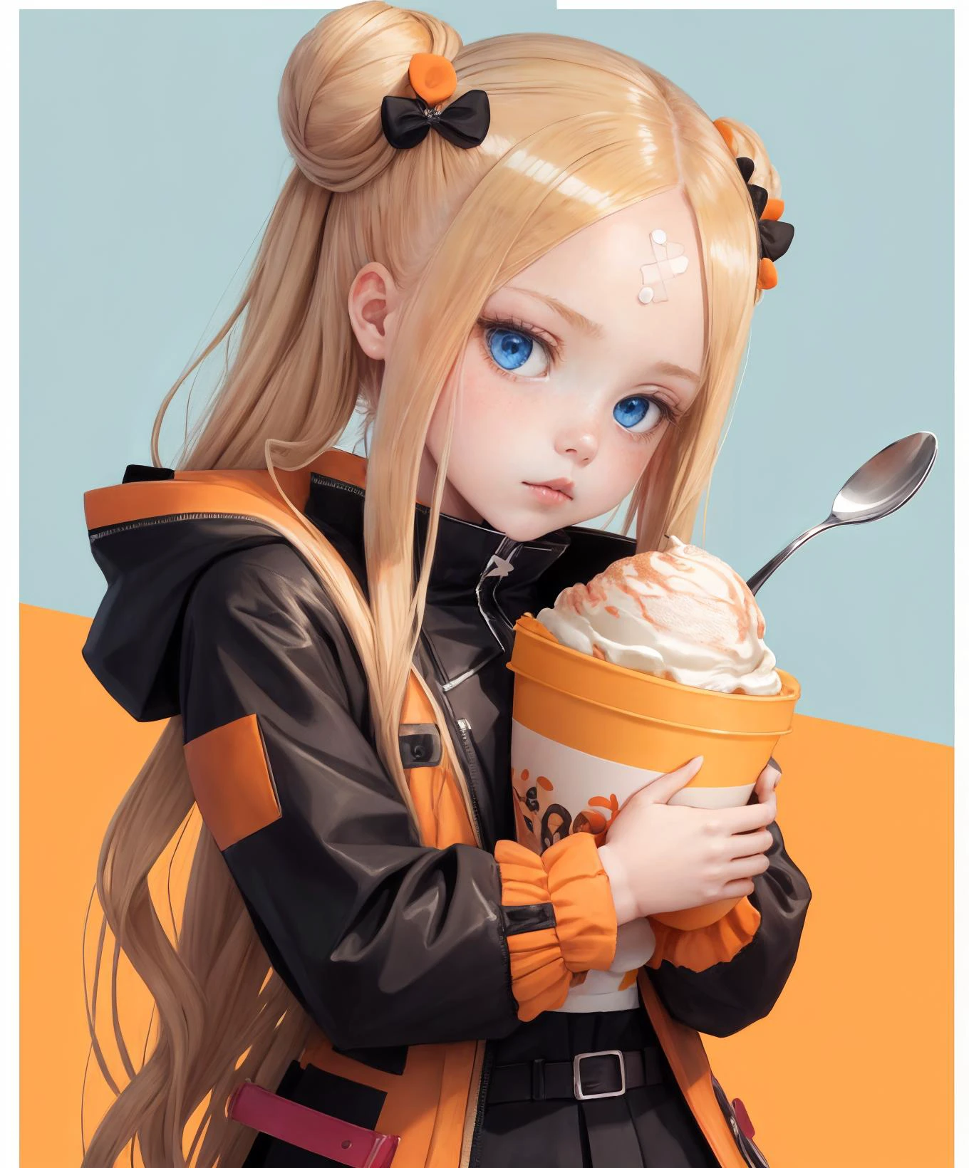 blonde hair, belt, border, multiple hair bows, crossed bandaids, orange background, long sleeves, sundae, blue eyes, white border, abigail williams \(fate\), hugging object, orange bow, food, polka dot bow, orange belt, single hair bun, bow, polka dot, cup, stuffed animal, blush, closed mouth, bandaid on forehead, jacket, stuffed toy, gradient background, looking at viewer, black jacket, parted bangs, strawberry, bandaid on face, solo, long hair, hair bow, forehead, bandaid, ice cream, eating, spoon, holding stuffed toy, hair bun, teddy bear, high collar, fruit, black bow, holding, 1girl, sleeves past wrists <lora:abigailwilliams-lora-nochekaiser:0.8> abigail williams