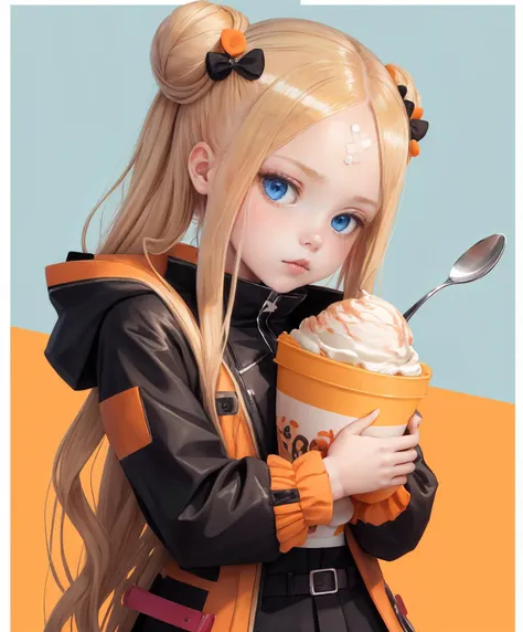 blonde hair, belt, border, multiple hair bows, crossed bandaids, orange background, long sleeves, sundae, blue eyes, white border, abigail williams \(fate\), hugging object, orange bow, food, polka dot bow, orange belt, single hair bun, bow, polka dot, cup, stuffed animal, blush, closed mouth, bandaid on forehead, jacket, stuffed toy, gradient background, looking at viewer, black jacket, parted bangs, strawberry, bandaid on face, solo, long hair, hair bow, forehead, bandaid, ice cream, eating, spoon, holding stuffed toy, hair bun, teddy bear, high collar, fruit, black bow, holding, 1girl, sleeves past wrists  <lora:abigailwilliams-lora-nochekaiser:0.8> abigail williams