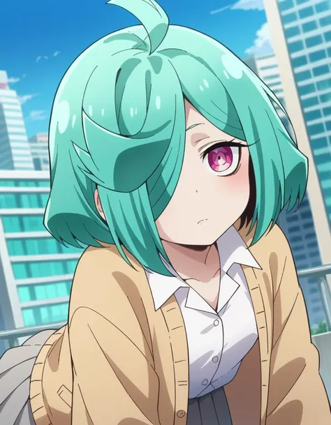 score_9, score_8_up, score_7_up, source_anime,
nemoanemo, <lora:nemo-anemo-ponyxl-lora-nochekaiser:1>
nemo anemo, short hair, green hair, pink eyes, hair over one eye, aqua hair, ahoge,
skirt, shirt, white shirt, cardigan, grey skirt,
outdoors, cityscape, bent over,
looking at viewer, dutch angle, cowboy shot