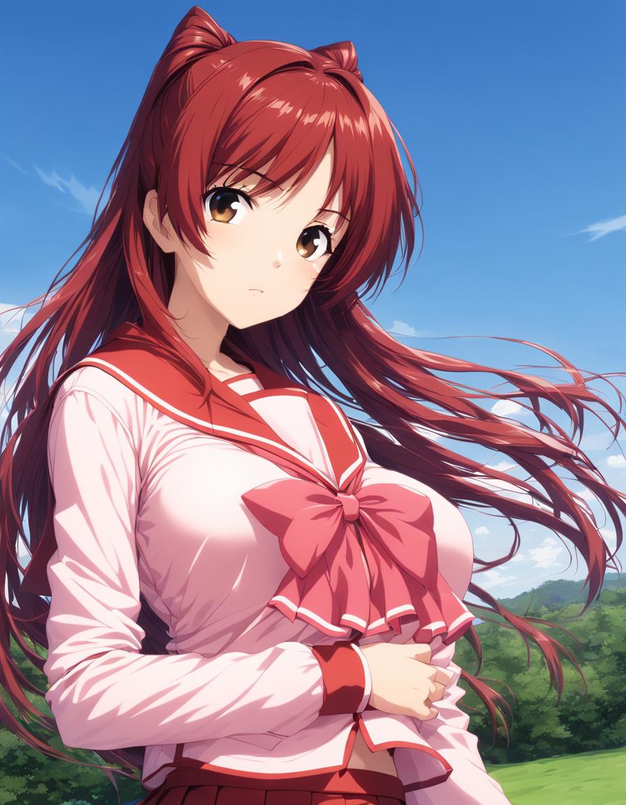 A woman with long red hair standing in a field - SeaArt AI