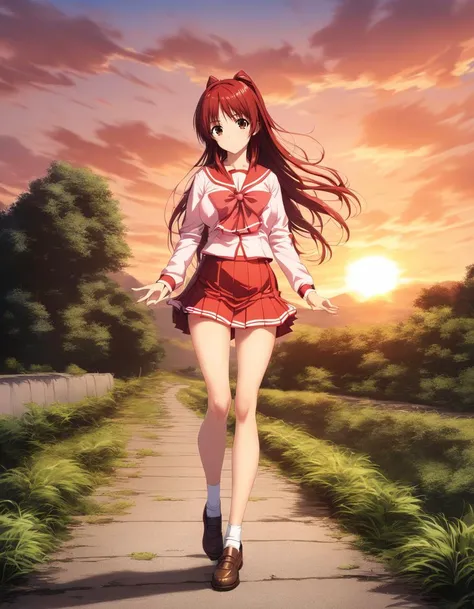 <lora:kousaka_tamaki_sdxl_ver1:0.7>,looking at viewer,full body,
kousaka_tamaki,1girl,long hair,red hair,brown eyes,school uniform,serafuku,long sleeves,pleated skirt,
nature,wind,sky,sunset,