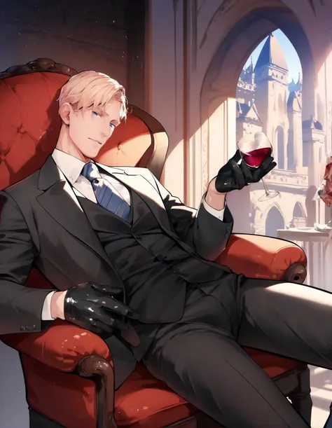 score_9,score_8_up,score_7_up,score_6_up,score_5_up,score_4_up, a men sitting on a chair, castle, leather gloves, blonde hair, dilf, wine glass, suit, necktie, blue eyes, 
<lora:hibari_style_pony6_v1-000034:1>