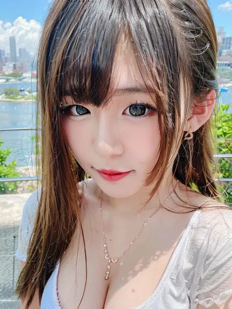(8k, best quality, portrait, masterpiece:1.2), (realistic, photo-realistic:1.37), ultra-detailed, 1girl, cute, long hair, heavy eye makeup, solo, beautiful detailed sky, cityscape, daytime, dating, (nose blush), (smile:1.15), (closed mouth), beautiful detailed eyes, (collared shirt:1.1), white lace, (short hair:1.2), floating hair NovaFrogStyle, <lora:_blackruby_v2:0.9>