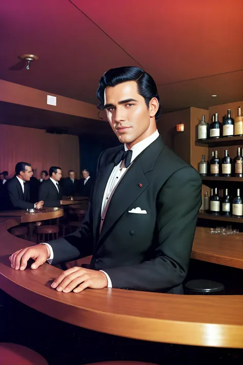 a handsome man with black hair at a nightclub by MidcenturyNightclub <lora:MidcenturyNightclub:1>