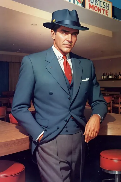 a man wearing a hat by MidcenturyNightclub <lora:MidcenturyNightclub:1>