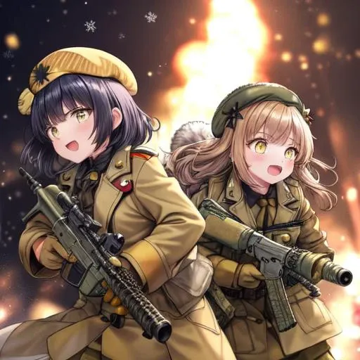 2girls,2 mercenaries,( yellow military beret:1.8),AS-YoungV2,wearing a coat covered in mistletoe,Action scene,holding a large candy cane,Mistletoe Mercenaries,christmas,explosions,Action,awesome,<lora:Furtastic_Detailer:1>,furry,