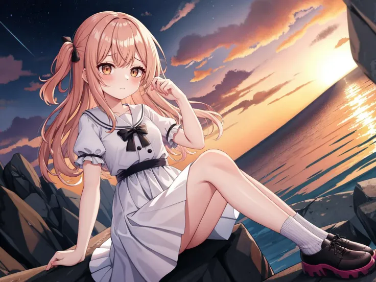 An anime girl with long, wavy chestnut hair that frames her face, large brown eyes that are downcast, and a petite frame sits at the edge of a cliff overlooking a serene ocean. She wears a simple white dress that reaches her knees, along with a pair of worn-out shoes. In one hand, she holds a small seashell that she's picked up from the ground. The other hand is hidden behind her back. Her expression is a mix of sadness and cuteness, as if she's lost in thought but hasn't given up hope yet. The sun sets the sky ablaze with colors as it peeks through the clouds that hover above the horizon, casting a warm glow on her face and hair
BREAK
cute, kawaii, moe, anime, virtual youtuber, flat colors, dutch angle