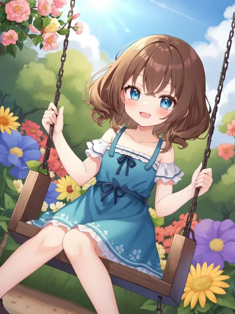 A young, smiling girl with curly brown hair and big blue eyes is sitting on a colorful swing set. She's wearing a blue sundress with white polka dots and holding a basket full of flowers that she picked from the garden.
BREAK
cute, kawaii, moe, anime, virtual youtuber, flat colors, dutch angle