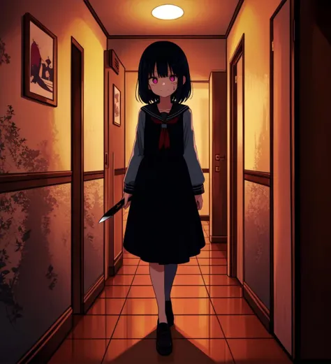 A sun-kissed high school girl with an enchanting smile and sparkling eyes sits in her room, her eyes narrowing as she grips a knife in her right hand. The moonlight casts eerie shadows on her face, making her expression seem almost demonic. A look of determination hardens her gaze as she steps out of her room and down the dark hallway, approaching her unsuspecting victim
BREAK
anime, cute, moe, kawaii, flat colors <lora:lcm-lora-sd15:0.5>