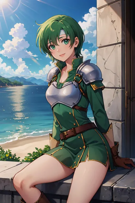 masterpiece, best quality, mountaintop, smile, looking at viewer, ocean, horizon
<lora:fefee-nvwls-v1:0.8> feFee, headband, armor, green dress, belt, brown gloves, boots