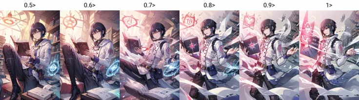 masterpiece, best quality, high quality, highres,
<lora:BloodlineLong-11:0.5>, Bloodline Long, Bloodline Long suit, solo, short hair,1boy, male focus, boots, belt,book, library, magic circle, light particles, slit pupils, (aged up:1.3),