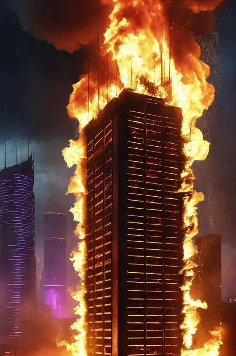 Cinematic scene, hyperdetailed picture of an epic futuristic hotel on fire ablaze in a cyberpunk city, nighttime, detailed background, masterpiece, best quality, high quality, highres, absurdres, vivid,absurdres, vivid,
cyberpunk 
 <lora:flaming-person:1> flmngprsn,