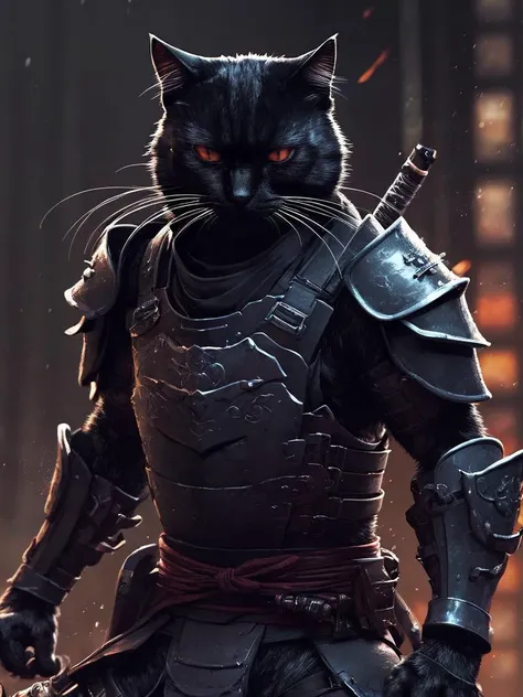 Cat ninja killer, with armor plates, cool, detailed, art Liam Wong <lora:SDXL_Black_Sa_May:0.8> black <lora:lora-sdxl-flaming-person:0.8> flmngprsn