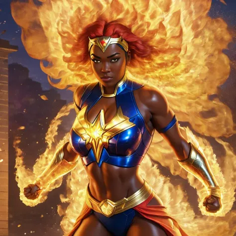 a muscular female superhero, diverse, woke, BLM, ready to fight the injustice of the western world, drinks bud light, does not watch fox news, watches CNN, similar to captain marvel but even more woke, hourglass figure, shooting fire, on fire, super hero, flmngprsn, <lora:flaming-person:1.1>,highres, masterpiece, 8k, 4k, (realistic photo), (photorealistic:1.2), bokeh