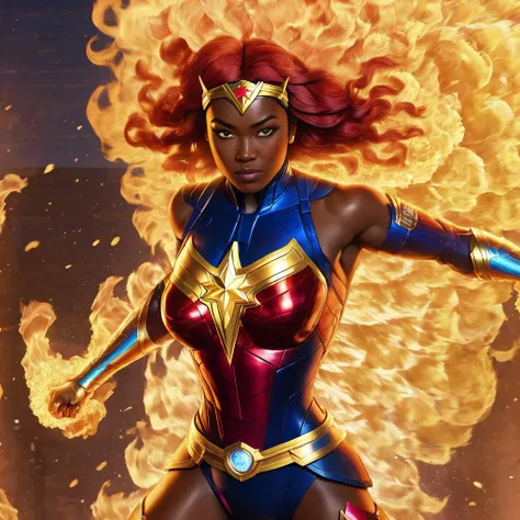 a muscular female superhero, diverse, woke, BLM, ready to fight the injustice of the western world, drinks bud light, does not watch fox news, watches CNN, similar to captain marvel but even more woke, hourglass figure, shooting fire, on fire, super hero, flmngprsn, <lora:flaming-person:1.1>,highres, masterpiece, 8k, 4k, (realistic photo), (photorealistic:1.2), bokeh