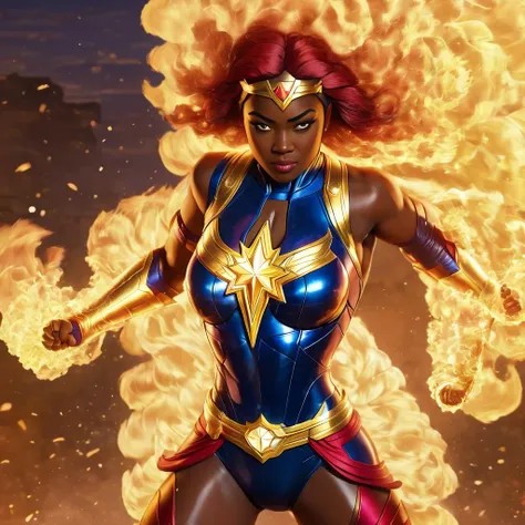 a muscular female superhero, diverse, woke, BLM, ready to fight the injustice of the western world, drinks bud light, does not watch fox news, watches CNN, similar to captain marvel but even more woke, hourglass figure, shooting fire, on fire, super hero, flmngprsn, <lora:flaming-person:1.1>,highres, masterpiece, 8k, 4k, (realistic photo), (photorealistic:1.2), bokeh