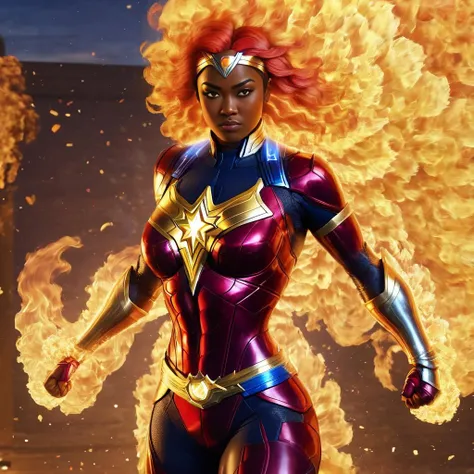 a muscular female superhero, diverse, woke, BLM, ready to fight the injustice of the western world, drinks bud light, does not watch fox news, watches CNN, similar to captain marvel but even more woke, hourglass figure, shooting fire, on fire, super hero, flmngprsn, <lora:flaming-person:1.1>,highres, masterpiece, 8k, 4k, (realistic photo), (photorealistic:1.2), bokeh